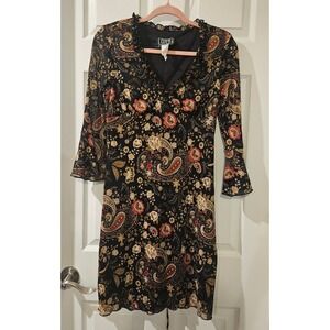 City Triangles‎ Y2K Dress Medium Black Floral Paisley Ruffle Bell Sleeve Tie